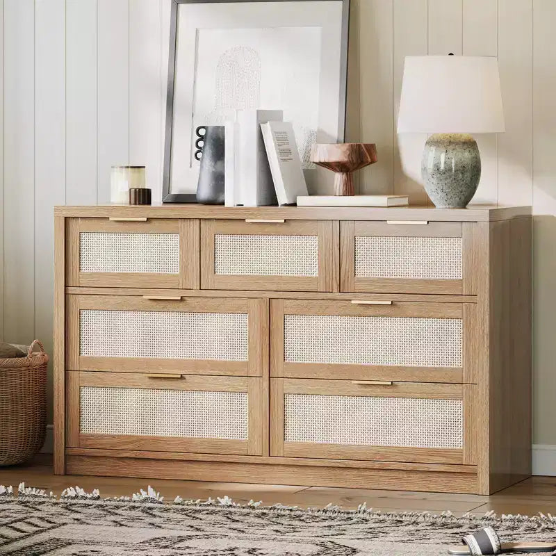 7-Drawer Rattan Dresser, 52 W, Chest of Drawers with Metal Handles