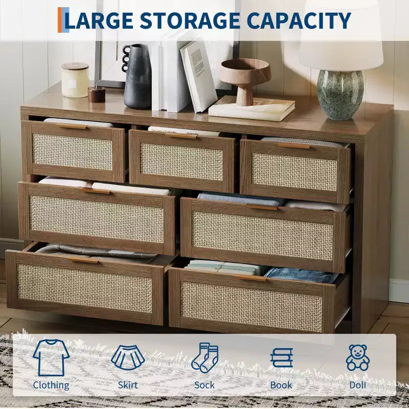 7-Drawer Rattan Dresser, 52 W, Chest of Drawers with Metal Handles