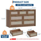7-Drawer Rattan Dresser, 52 W, Chest of Drawers with Metal Handles