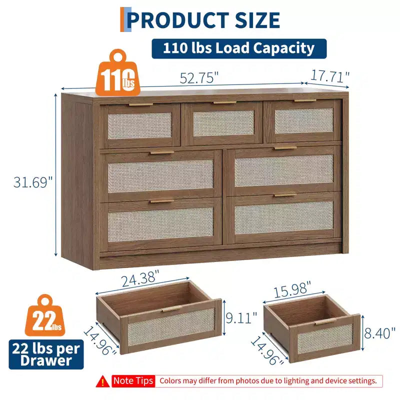 7-Drawer Rattan Dresser, 52 W, Chest of Drawers with Metal Handles