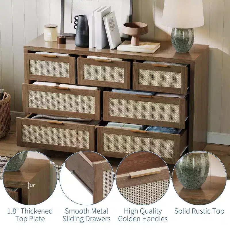 7-Drawer Rattan Dresser, 52 W, Chest of Drawers with Metal Handles
