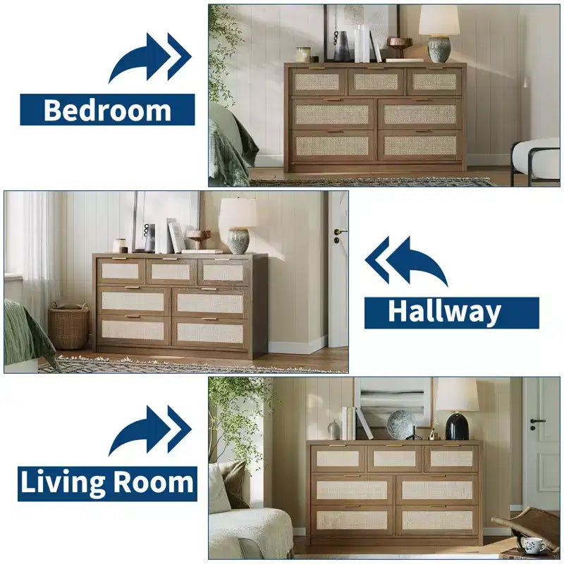7-Drawer Rattan Dresser, 52 W, Chest of Drawers with Metal Handles