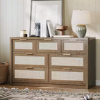 7-Drawer Rattan Dresser, 52 W, Chest of Drawers with Metal Handles