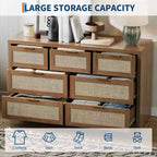 7-Drawer Rattan Dresser, 52 W, Chest of Drawers with Metal Handles
