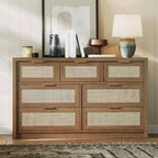 7-Drawer Rattan Dresser, 52 W, Chest of Drawers with Metal Handles
