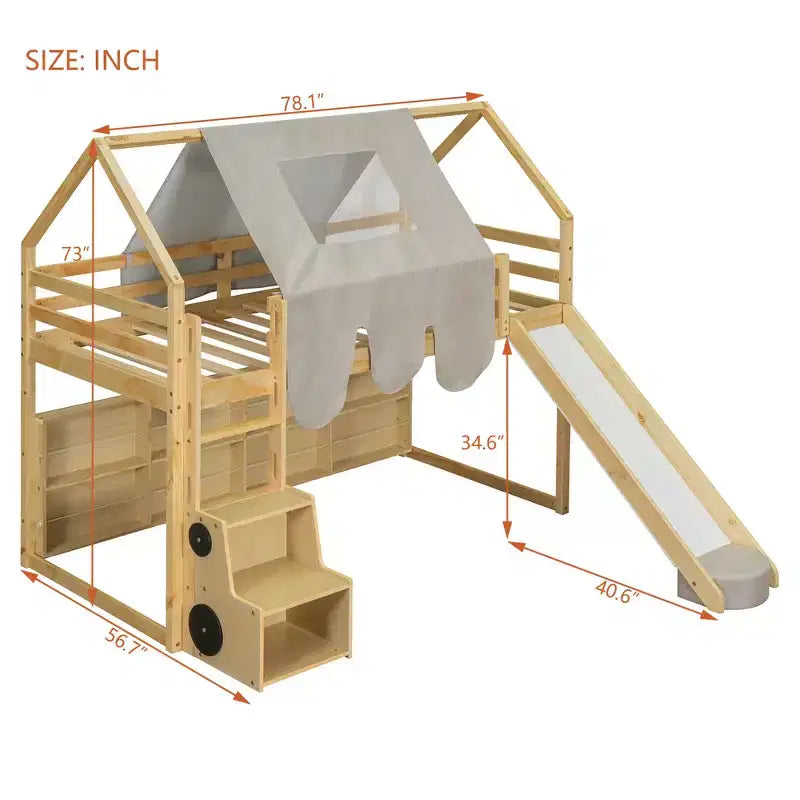 Kids Loft Playhouse Bed with Slide, Tent Canopy & Built-in Storage