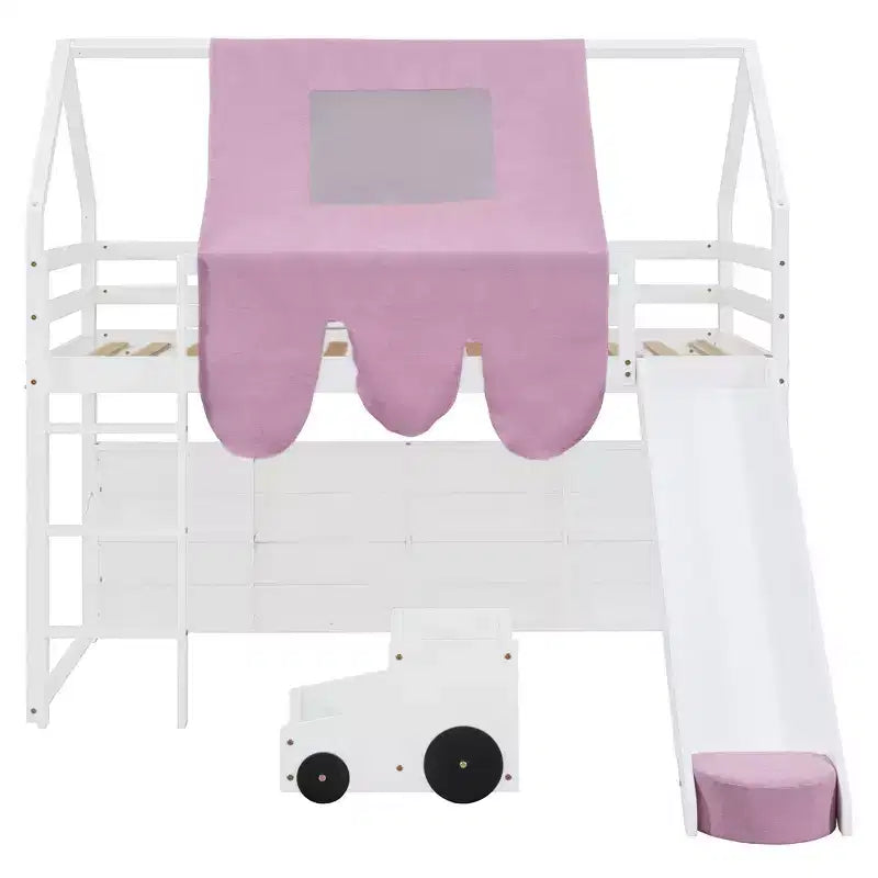 Kids Loft Playhouse Bed with Slide, Tent Canopy & Built-in Storage