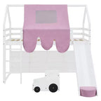 Kids Loft Playhouse Bed with Slide, Tent Canopy & Built-in Storage