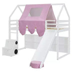 Kids Loft Playhouse Bed with Slide, Tent Canopy & Built-in Storage