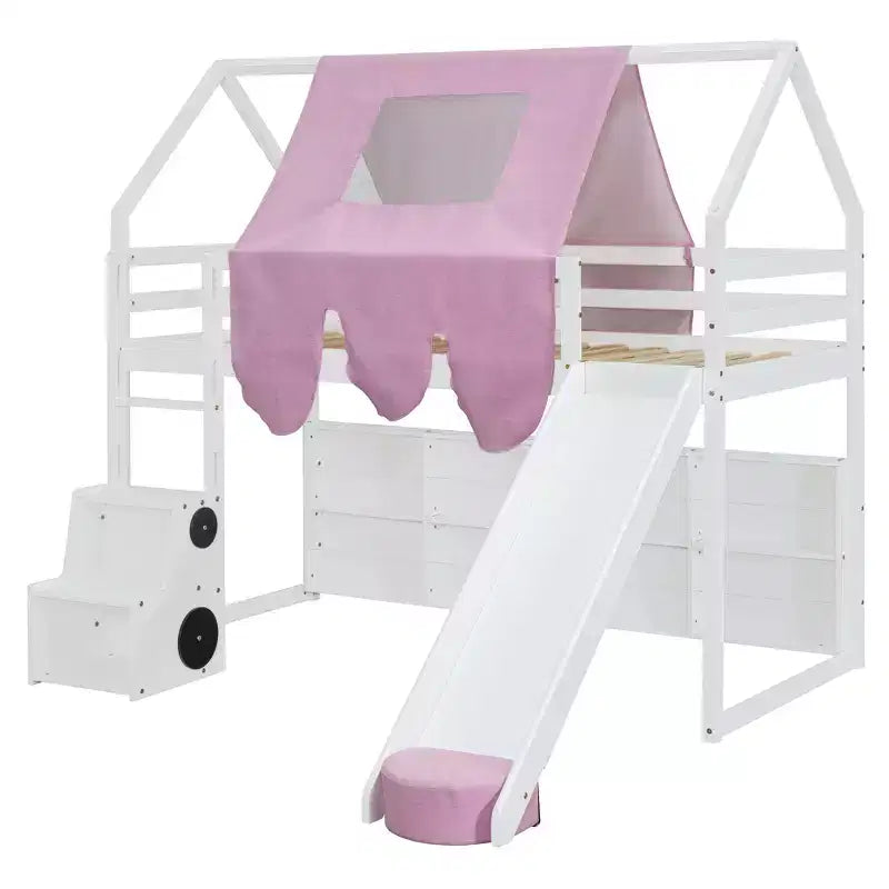 Kids Loft Playhouse Bed with Slide, Tent Canopy & Built-in Storage