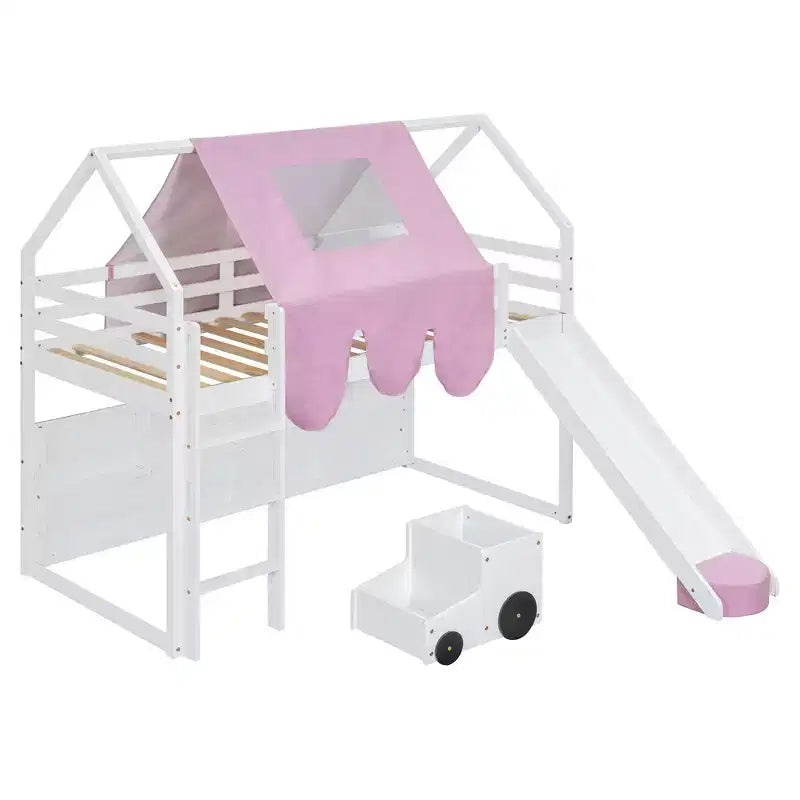 Kids Loft Playhouse Bed with Slide, Tent Canopy & Built-in Storage