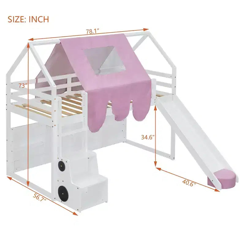 Kids Loft Playhouse Bed with Slide, Tent Canopy & Built-in Storage