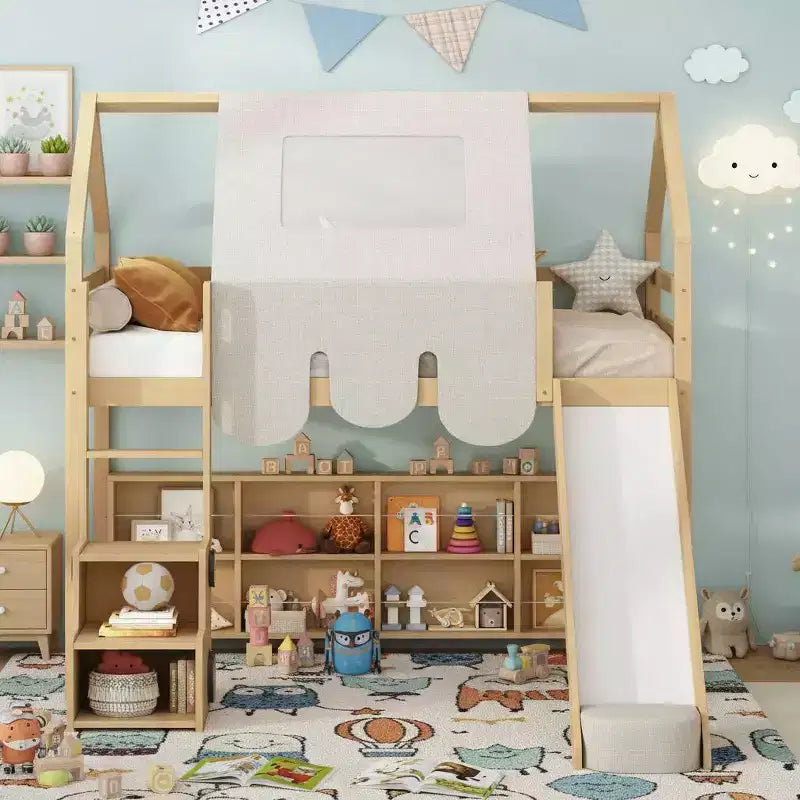 Kids Loft Playhouse Bed with Slide, Tent Canopy & Built-in Storage