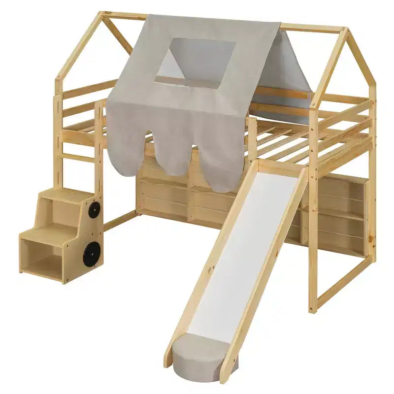 Kids Loft Playhouse Bed with Slide, Tent Canopy & Built-in Storage