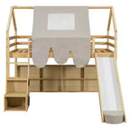 Kids Loft Playhouse Bed with Slide, Tent Canopy & Built-in Storage
