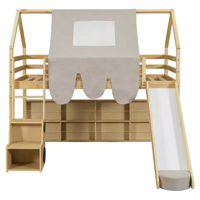 Kids Loft Playhouse Bed with Slide, Tent Canopy & Built-in Storage