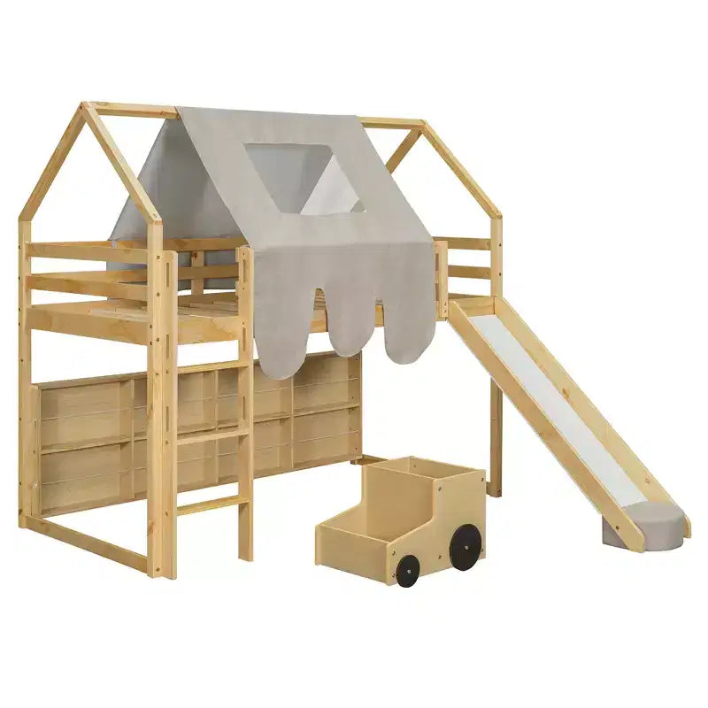 Kids Loft Playhouse Bed with Slide, Tent Canopy & Built-in Storage