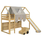 Kids Loft Playhouse Bed with Slide, Tent Canopy & Built-in Storage