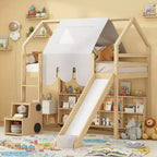 Kids Loft Playhouse Bed with Slide, Tent Canopy & Built-in Storage