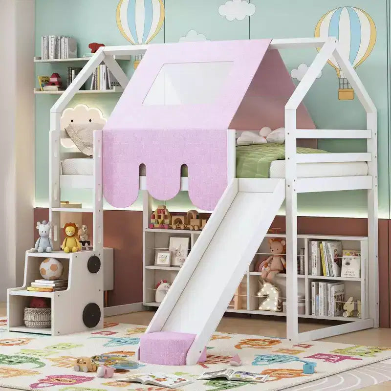 Kids Loft Playhouse Bed with Slide, Tent Canopy & Built-in Storage