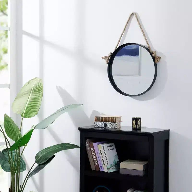 Black Iron Framed Round Mirror with Hanging Rope - 15 in. or 18 in.
