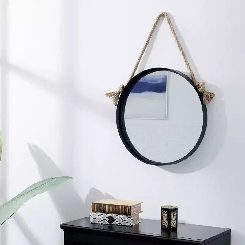 Black Iron Framed Round Mirror with Hanging Rope - 15 in. or 18 in.