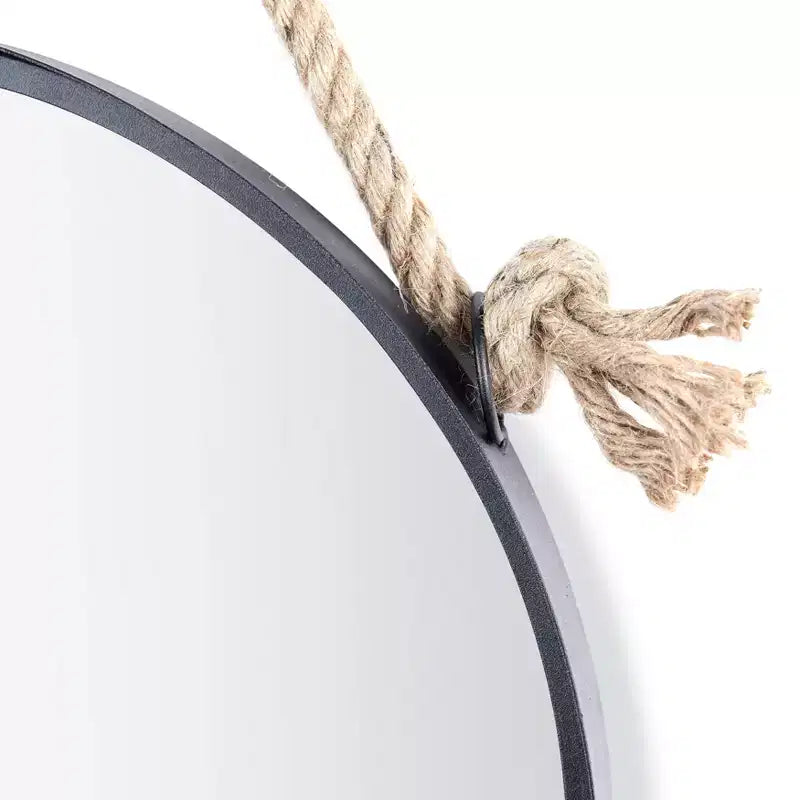Black Iron Framed Round Mirror with Hanging Rope - 15 in. or 18 in.