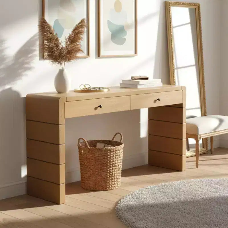 Console Table with Storage Drawers and Panel Base, Oak Finish
