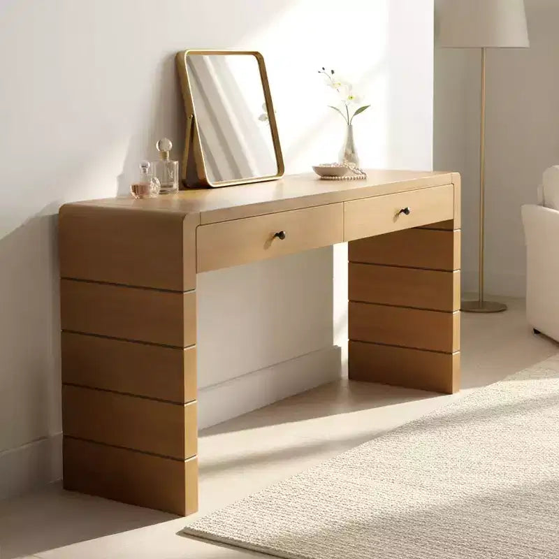 Console Table with Storage Drawers and Panel Base, Oak Finish