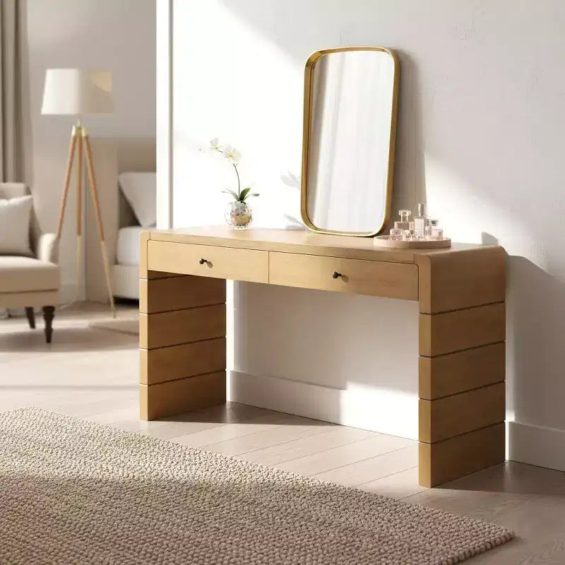Console Table with Storage Drawers and Panel Base, Oak Finish