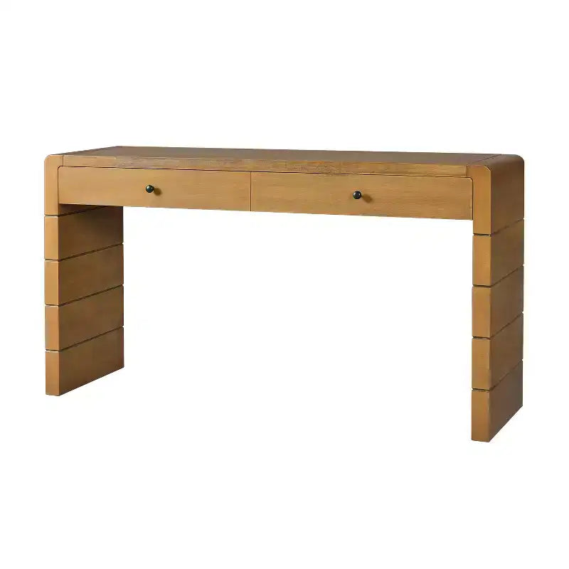 Console Table with Storage Drawers and Panel Base, Oak Finish