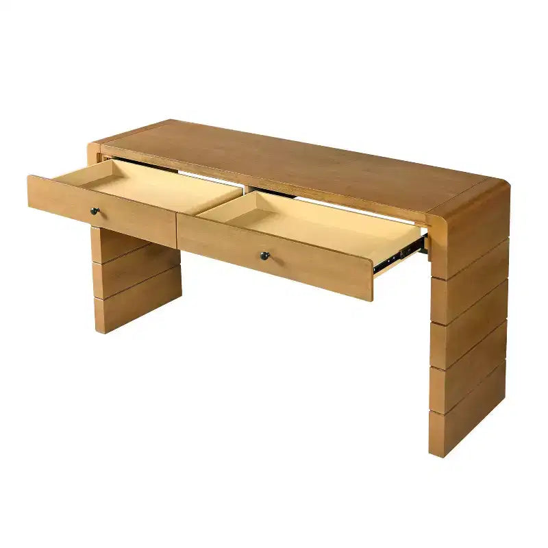 Console Table with Storage Drawers and Panel Base, Oak Finish