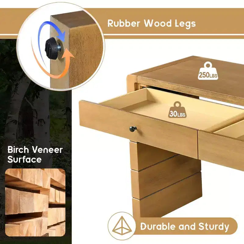 Console Table with Storage Drawers and Panel Base, Oak Finish