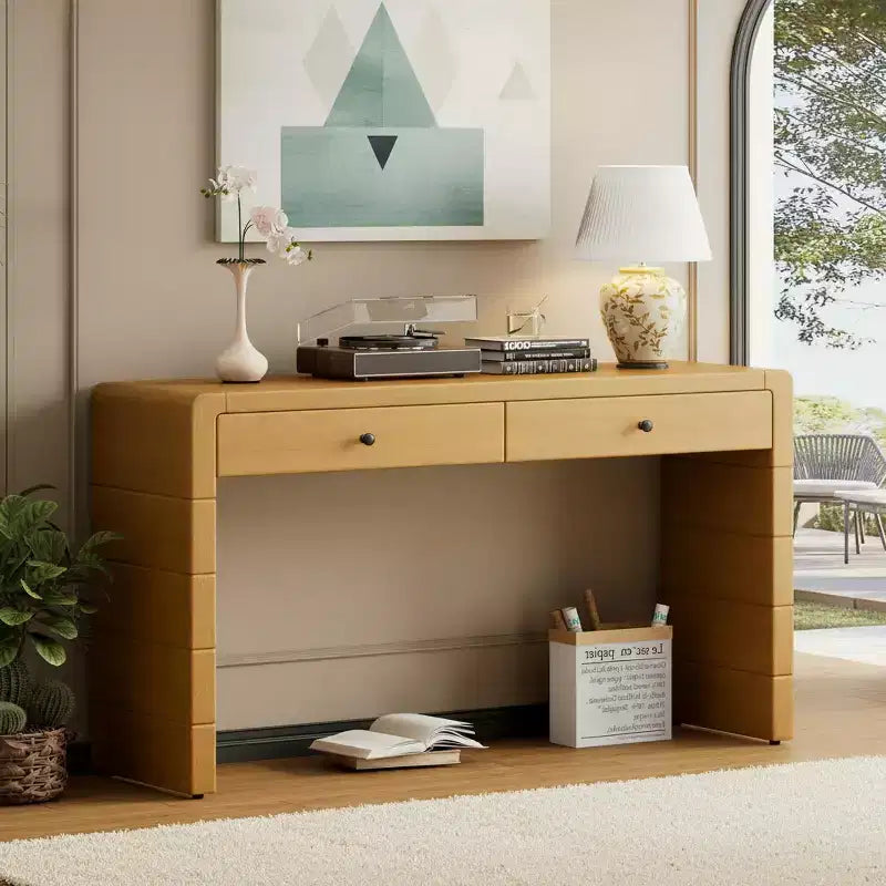 Console Table with Storage Drawers and Panel Base, Oak Finish