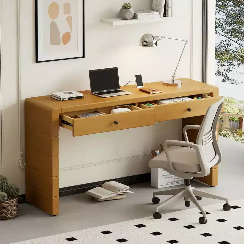 Console Table with Storage Drawers and Panel Base, Oak Finish