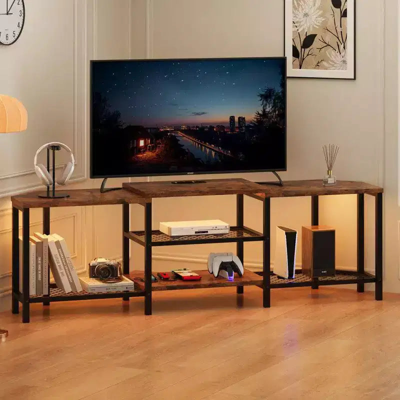 Corner TV Stand with 4 Open Storage Shelves and Power Outlet