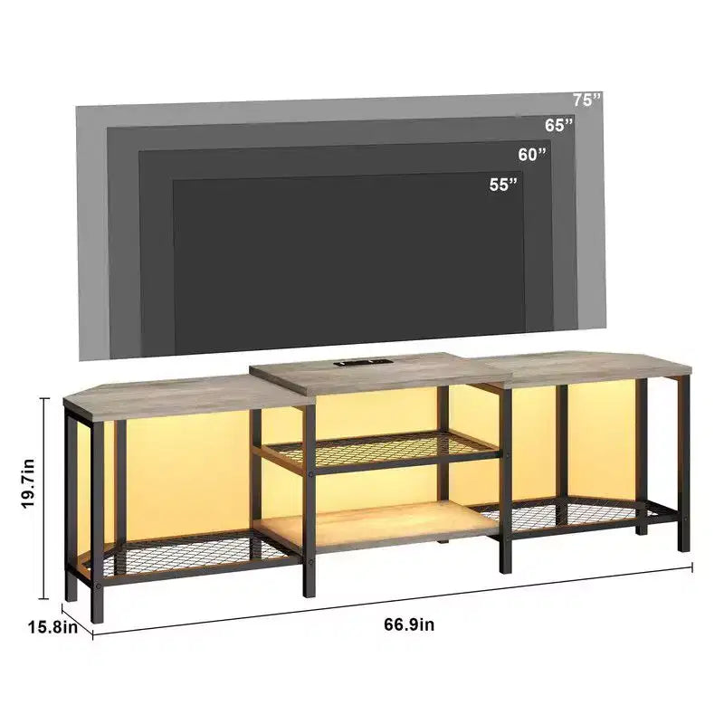 Corner TV Stand with 4 Open Storage Shelves and Power Outlet