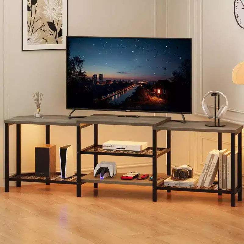 Corner TV Stand with 4 Open Storage Shelves and Power Outlet