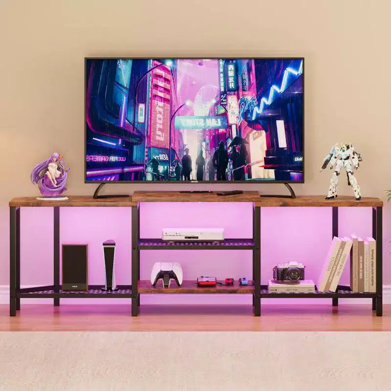 Corner TV Stand with 4 Open Storage Shelves and Power Outlet