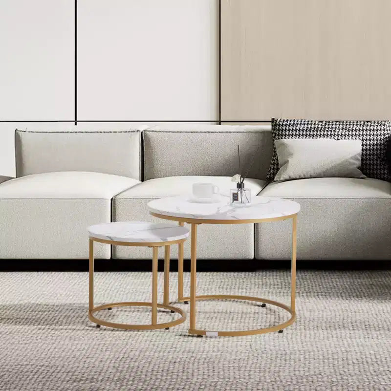Round Nesting Coffee Table Set of 2, 23.6 in, White & Gold