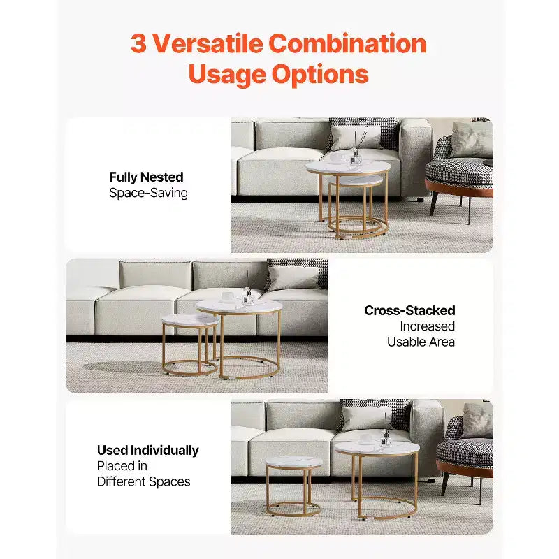 Round Nesting Coffee Table Set of 2, 23.6 in, White & Gold