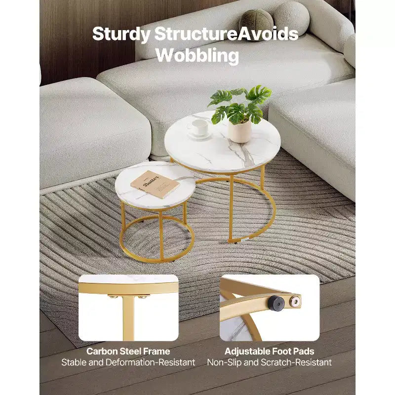 Round Nesting Coffee Table Set of 2, 23.6 in, White & Gold