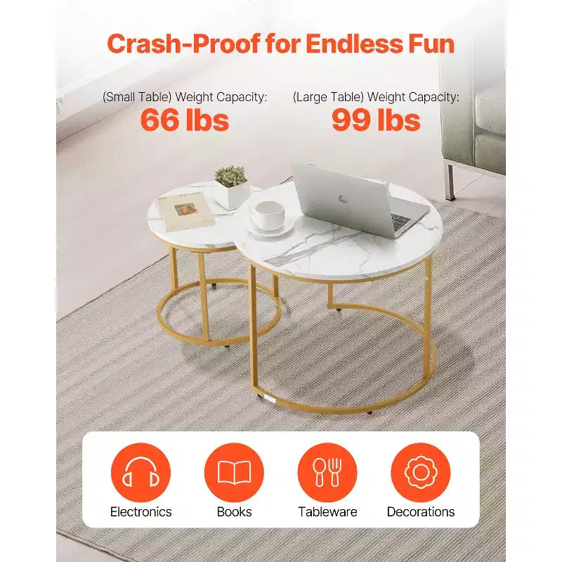 Round Nesting Coffee Table Set of 2, 23.6 in, White & Gold