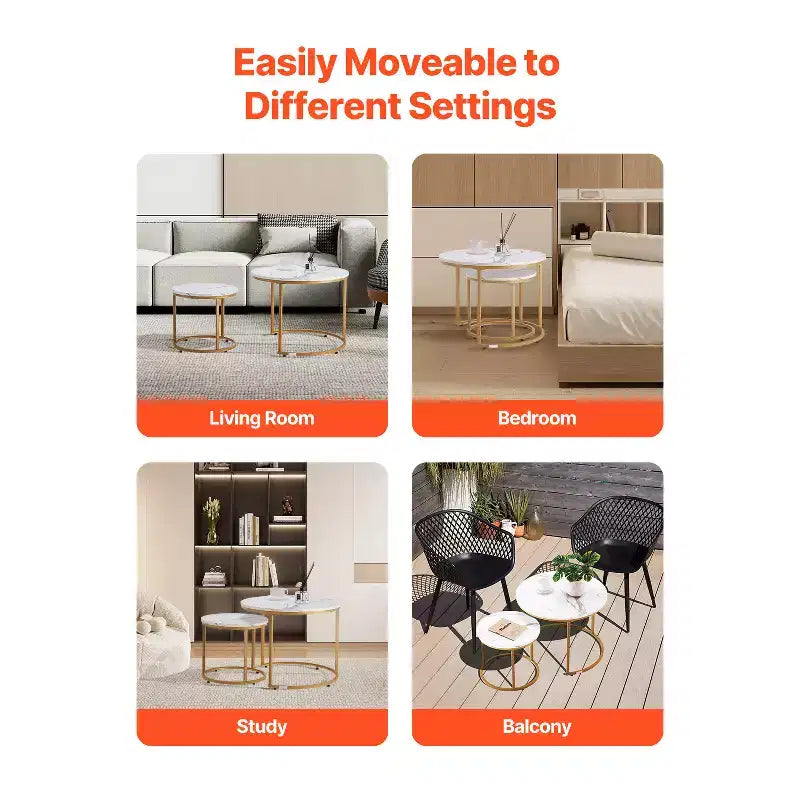 Round Nesting Coffee Table Set of 2, 23.6 in, White & Gold
