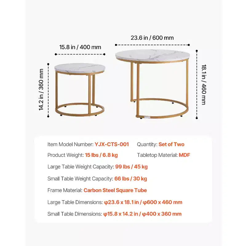 Round Nesting Coffee Table Set of 2, 23.6 in, White & Gold