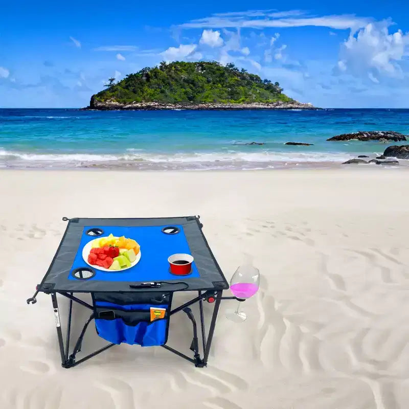 Portable Outdoor Adjustable Height Folding Wine Table with Cup Holders and Storage Bag