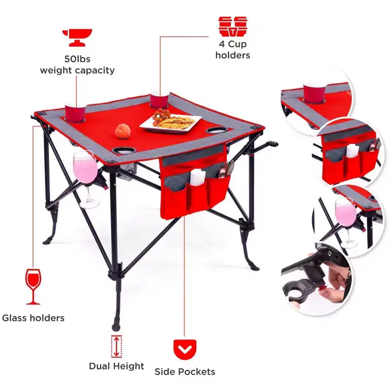 Portable Outdoor Adjustable Height Folding Wine Table with Cup Holders and Storage Bag
