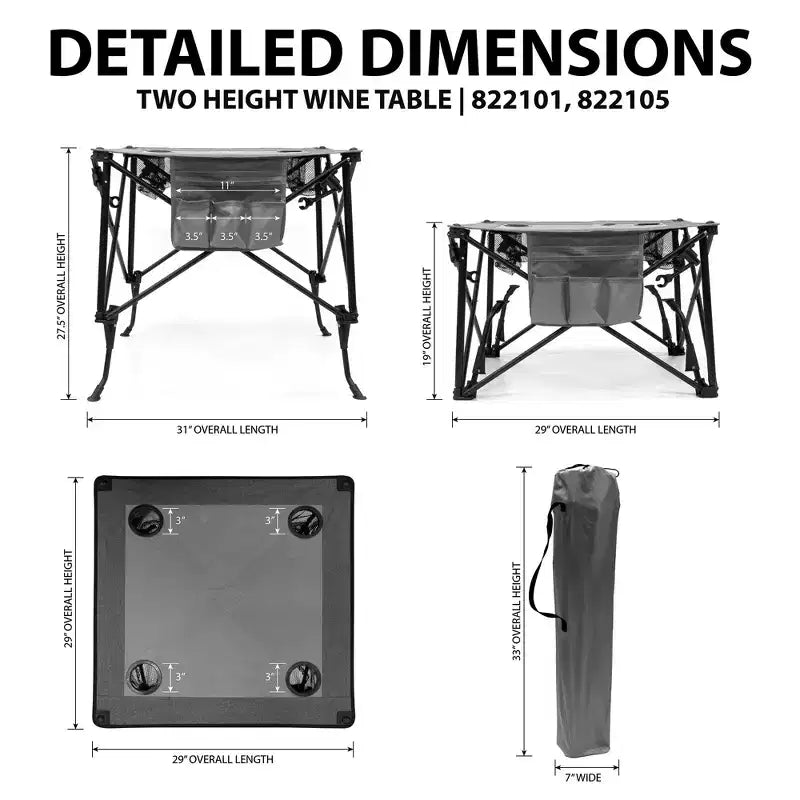 Portable Outdoor Adjustable Height Folding Wine Table with Cup Holders and Storage Bag
