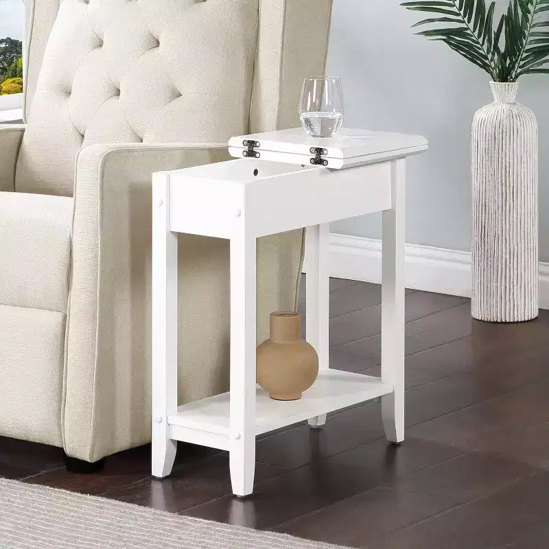Flip Top End Table with Concealed Storage, Straight Legs and Narrow Design