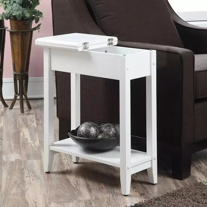 Flip Top End Table with Concealed Storage, Straight Legs and Narrow Design